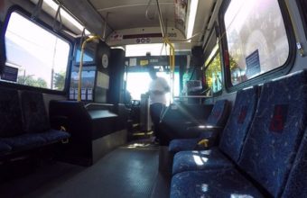 Bus interior with side facing seats
